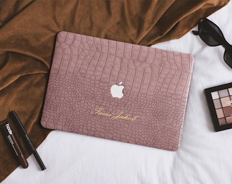 Mauve Pink Faux Croc Personalized Leather MacBook Case for 2026 Neo, MacBook M5 Air 13/15 Inch, MacBook Pro 13 14 15 16 Laptop Cover
