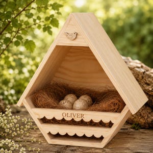 May include: A light-colored wooden birdhouse with a triangular roof and a small bird cutout at the peak. The interior contains a brown fiber nest with three speckled eggs. The front features a scalloped edge and the name OLIVER engraved in wood.