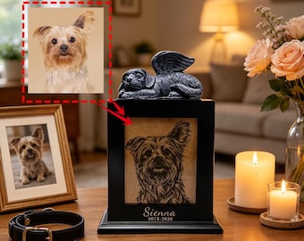 Urna de madera para mascotas con retrato tallado a medida y adorno superior de perro ángel.