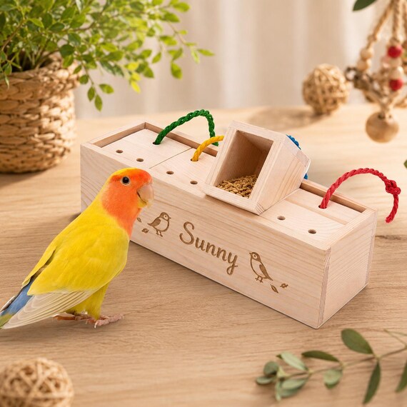 A handmade wooden puzzle-box foraging toy personalized with your bird's name — genuinely niche, enrichment-focused, and something you'd never find at a pet store.