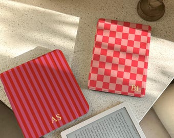 Pink Checked Design Kindle & Kobo Case, Clear Back Magnetic Cover, Minimalist Bookish Gift for PW12 7” SE, Kindle 6” (2024), Auto Wake/Sleep