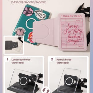 Kindle case with detachable clear magnetic back and rotating stand demonstrating landscape and portrait reading modes. Hands-free reading feature compatible with Kindle Paperwhite 12th generation and Colorsoft models. Bookish library card design front cover.