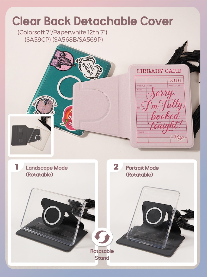 Kindle case with detachable clear magnetic back and rotating stand demonstrating landscape and portrait reading modes. Hands-free reading feature compatible with Kindle Paperwhite 12th generation and Colorsoft models. Bookish library card design front cover.