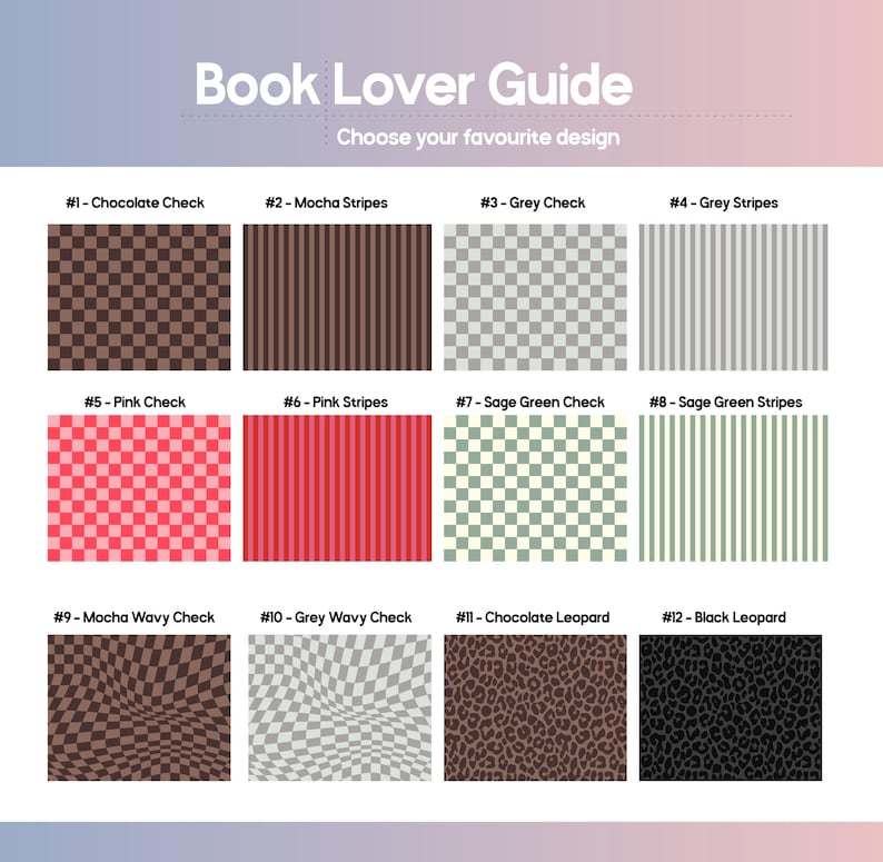 May include: A Book Lover Guide chart displaying twelve distinct patterns labeled #1 through #12. Designs include chocolate, grey, pink, and sage green checks and stripes, along with mocha and grey wavy checks, and chocolate and black leopard prints.