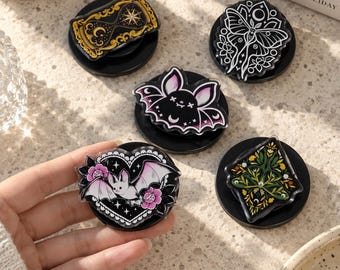 Gothic Magnetic Grip for Kindle & Phone, Bat Luna Moth Floral Detachable Stand, Book Lover Gift