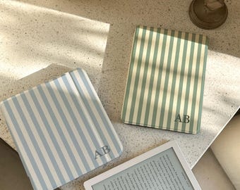 Personalized Retro Stripe Kindle Case, Blue Green Striped Kindle Cover for Paperwhite 12th 7", Kindle 2024 6", Kobo Libra Book Lover Gift