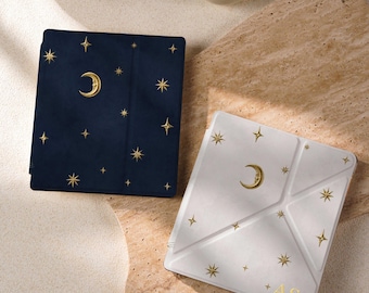 Custom Magnetic Detachable Boox E‑Reader Case, Celestial Moon & Stars, Clear Back, Gold Initials, For P6, P6 Pro, Leaf 3, Leaf 5