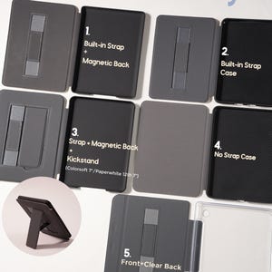 The image shows five case options arranged neatly, highlighting the back straps, magnetic backs, kickstand feature, and clear back design. One inset image shows the kickstand opened for hands-free reading. By presenting each style side by side, I wanted to make it easier to see how each case is designed and how it functions.