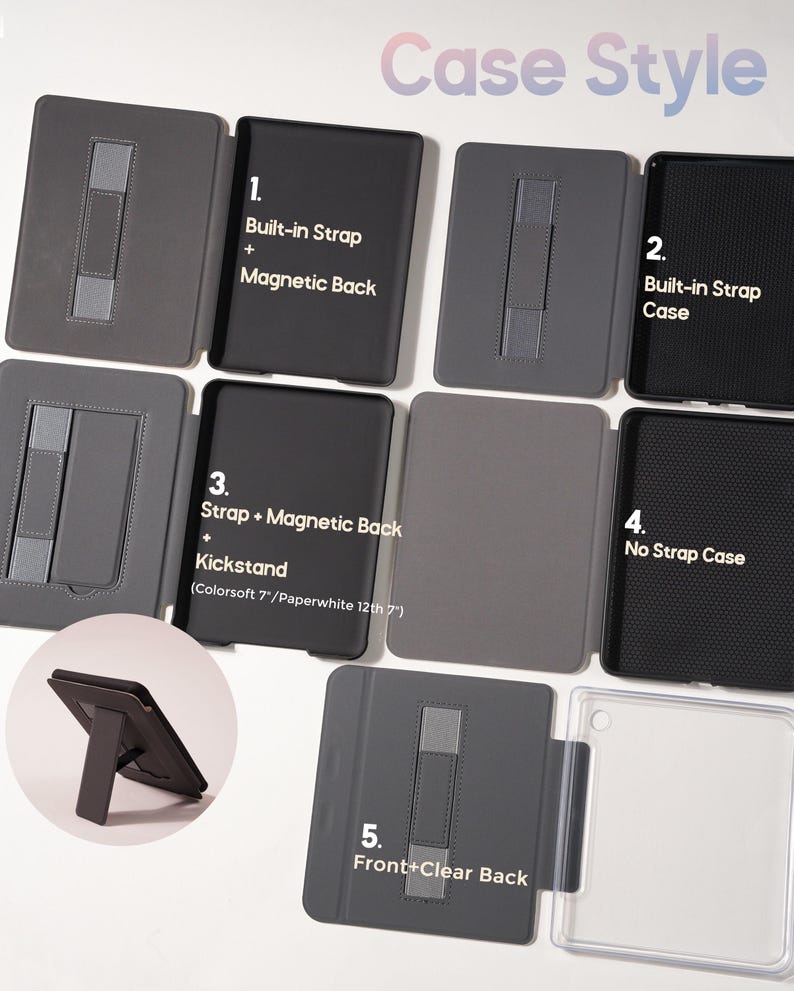 The image shows five case options arranged neatly, highlighting the back straps, magnetic backs, kickstand feature, and clear back design. One inset image shows the kickstand opened for hands-free reading. By presenting each style side by side, I wanted to make it easier to see how each case is designed and how it functions.