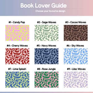 Book Lover Colour Guide showing nine colourful abstract squiggle pattern Kindle case designs including Candy Pop, Sage Waves, Cocoa Waves, Cherry Waves and more, retro dopamine aesthetic Kindle covers for readers.