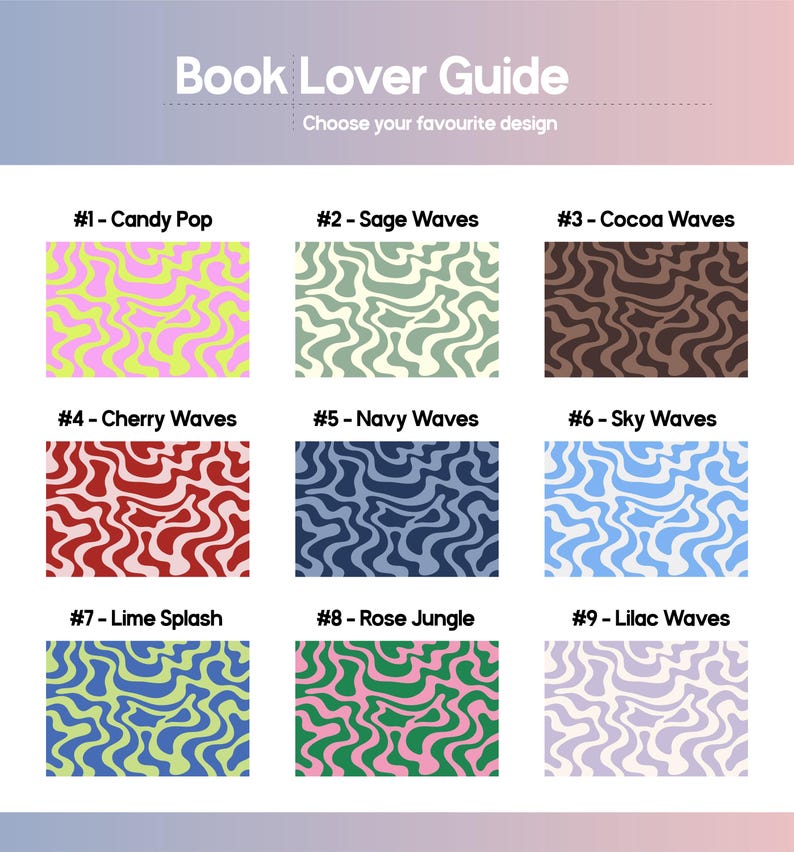 Book Lover Colour Guide showing nine colourful abstract squiggle pattern Kindle case designs including Candy Pop, Sage Waves, Cocoa Waves, Cherry Waves and more, retro dopamine aesthetic Kindle covers for readers.