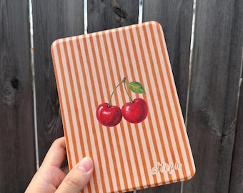 Custom Name Kindle Case, Retro Striped Cherry E-Reader Cover, Optional Magnetic Clear Back, Fits Paperwhite, Colorsoft & Other Kindle Models