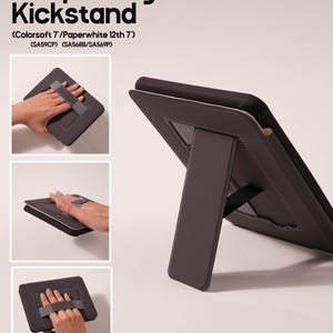 The back strap fits naturally in my hand for long reading sessions, while the magnetic back keeps the cover out of the way. When I need a break, the fold-out kickstand props my Kindle up perfectly on a table. Shown in use from multiple angles, this slim black case is designed for Kindle Colorsoft 7-inch and Kindle Paperwhite 12th generation, combining comfort, stability, and a quiet, minimalist design.
