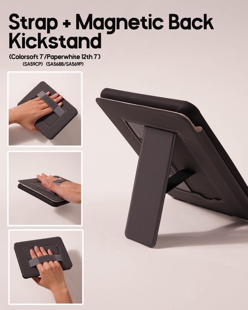 The back strap fits naturally in my hand for long reading sessions, while the magnetic back keeps the cover out of the way. When I need a break, the fold-out kickstand props my Kindle up perfectly on a table. Shown in use from multiple angles, this slim black case is designed for Kindle Colorsoft 7-inch and Kindle Paperwhite 12th generation, combining comfort, stability, and a quiet, minimalist design.