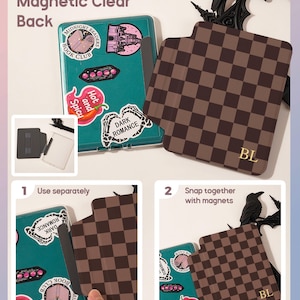 May include: A detachable magnetic clear back cover for an e-reader, featuring a brown and dark brown checkered pattern with the initials BL in gold. The clear case is decorated with various stickers, including a chili pepper and skeleton hands.