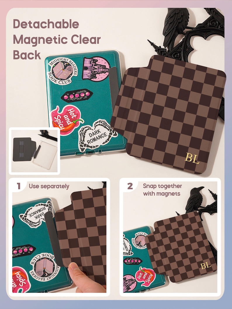 May include: A detachable magnetic clear back cover for an e-reader, featuring a brown and dark brown checkered pattern with the initials BL in gold. The clear case is decorated with various stickers, including a chili pepper and skeleton hands.