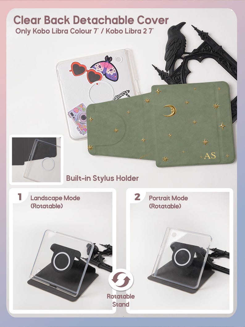 Celestial clear-back detachable cover for Kobo Libra Colour and Kobo Libra 2, featuring a stylus holder and rotating portrait or landscape stand.