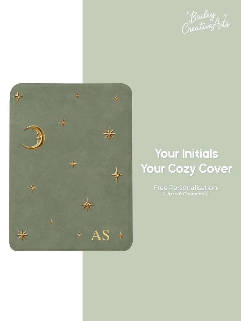 Sage green celestial Kindle cover personalized with gold initials, featuring an embossed moon and scattered star design on the front.