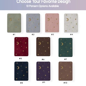 May include: Ten rectangular covers in various solid colors including sage, blue, pink, white, red, brown, green, navy, purple, and tan. Each cover features a gold crescent moon and star pattern. Text reads: Choose Your Favorite Design 10 Pattern Options Available.