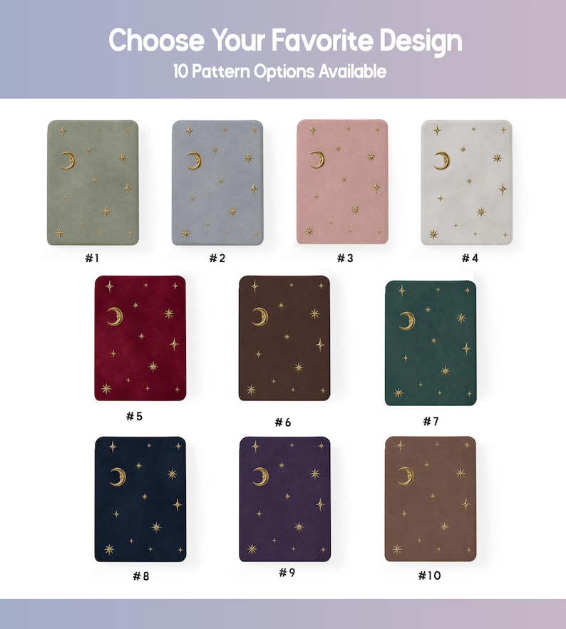May include: Ten rectangular covers in various solid colors including sage, blue, pink, white, red, brown, green, navy, purple, and tan. Each cover features a gold crescent moon and star pattern. Text reads: Choose Your Favorite Design 10 Pattern Options Available.