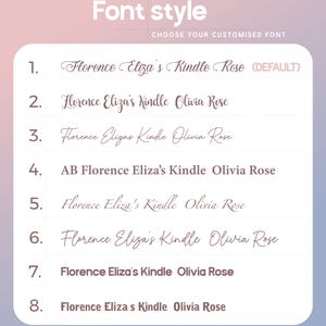 May include: A graphic showcasing font styles for customization. The text "Font style" is at the top, with the prompt "CHOOSE YOUR CUSTOMISED FONT" below it. Eight font options are listed, each with a sample name in a cursive script, including "Florence Eliza's Kindle Rose."