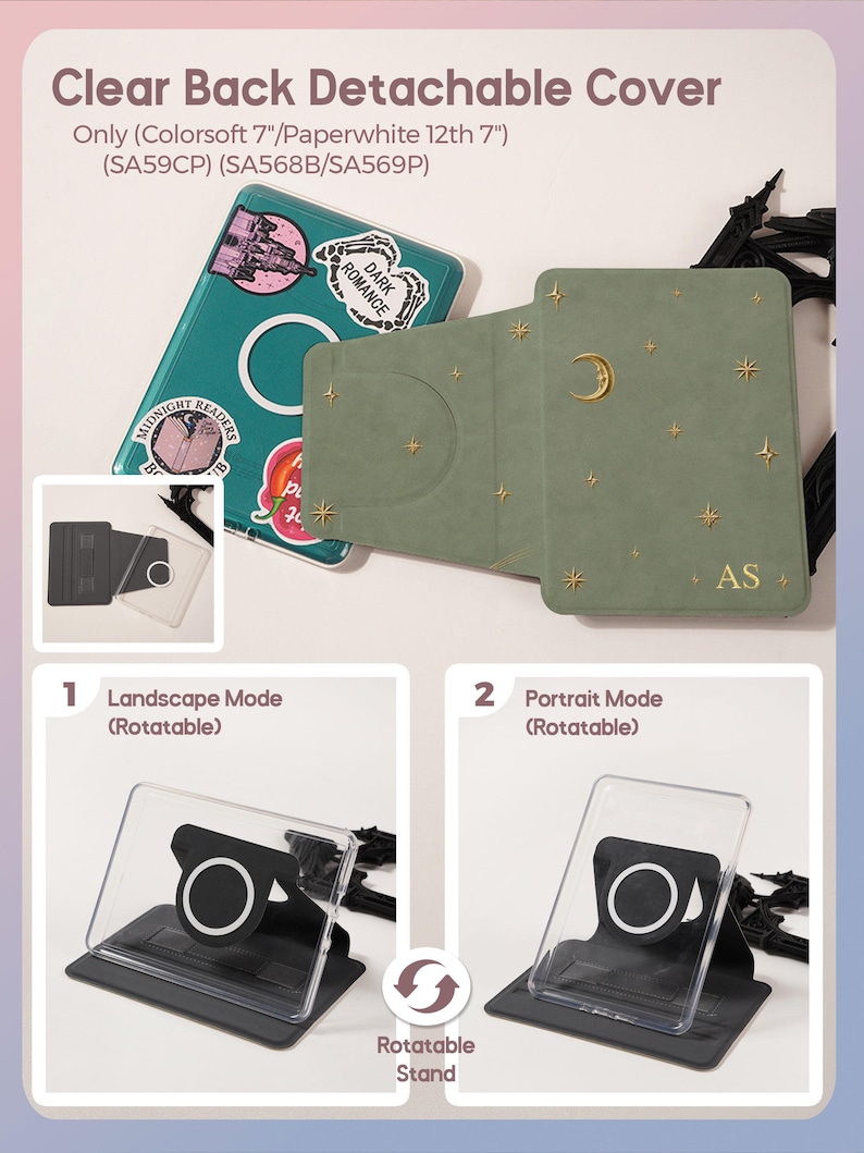 Personalized celestial clear-back Kindle case with a detachable rotating stand for portrait and landscape reading on compatible 7-inch models.