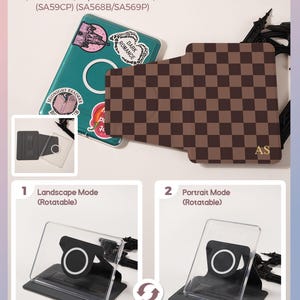 May include: A clear back detachable cover for 7-inch e-readers featuring a brown and black checkered pattern, a rotatable stand, and the initials AS. The product is shown in landscape and portrait modes with a magnetic ring attachment.