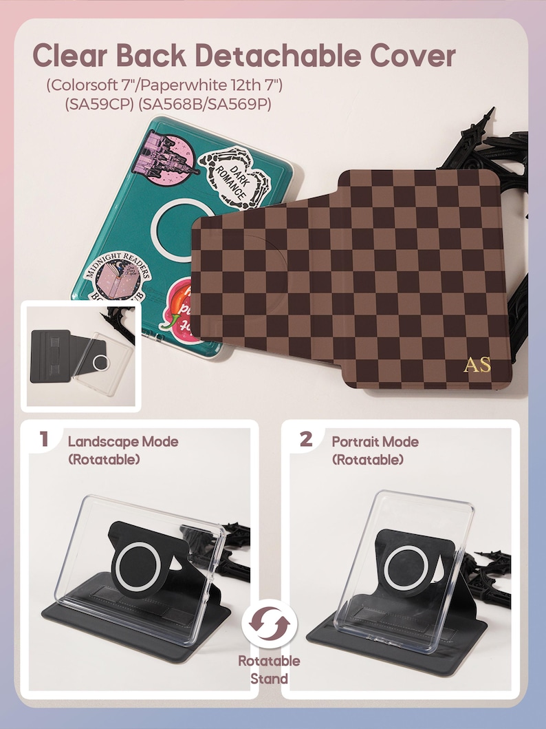 May include: A clear back detachable cover for 7-inch e-readers featuring a brown and black checkered pattern, a rotatable stand, and the initials AS. The product is shown in landscape and portrait modes with a magnetic ring attachment.