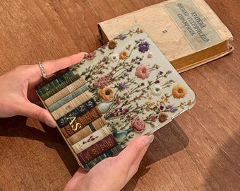 Floral Bookshelf Kindle Case with Strap, Bookish Textile Style Cover with Gold Initials, Paperwhite 12th 7" SE Kindle 6" 2024 Paperwhite