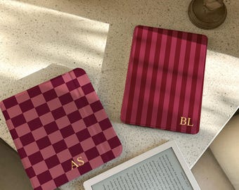 Retro Burgundy Kindle Case 2024, Checkerboard & Stripe Clear Cover, Personalised Paperwhite 12th 7”, Kindle 6” (2024), Kobo Libra Gift