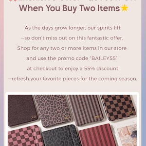 May include: A promotional graphic with text reading Exclusive Offer-Get 55% Off When You Buy Two Items and promo code BAILEY55. Below, seven rectangular cases are displayed in various patterns including leopard print, stripes, and checkered designs.