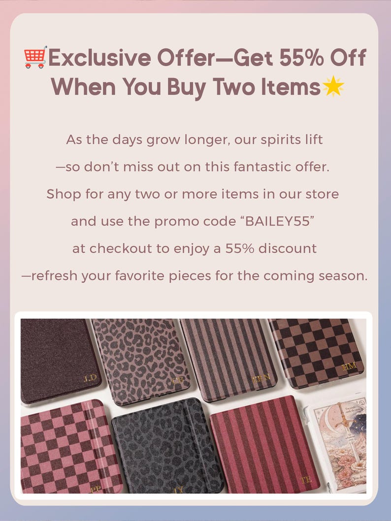 May include: A promotional graphic with text reading Exclusive Offer-Get 55% Off When You Buy Two Items and promo code BAILEY55. Below, seven rectangular cases are displayed in various patterns including leopard print, stripes, and checkered designs.