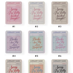 Library card Kindle case collection showing multiple color designs with “Sorry I'm Fully Booked Tonight” and “Books Are My Love Language”, retro bookish aesthetic covers for Kindle Paperwhite and Kindle 6 2024, perfect reader gift for book lovers.