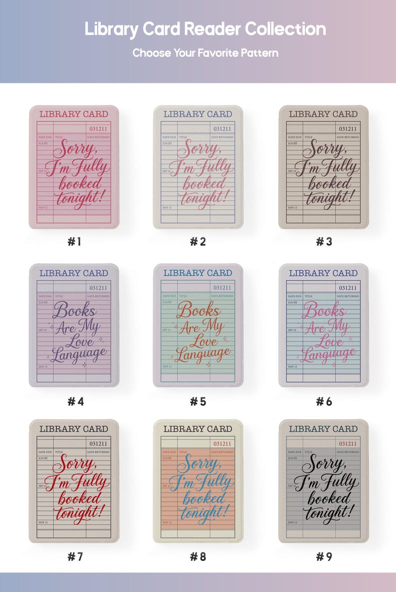 Library card Kindle case collection showing multiple color designs with “Sorry I'm Fully Booked Tonight” and “Books Are My Love Language”, retro bookish aesthetic covers for Kindle Paperwhite and Kindle 6 2024, perfect reader gift for book lovers.