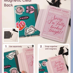 Detachable magnetic clear back Kindle case showing how the transparent back shell connects to the protective cover. Clear case allows decorating the Kindle with stickers while keeping the retro library card design front cover visible.