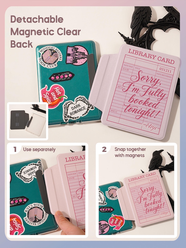 Detachable magnetic clear back Kindle case showing how the transparent back shell connects to the protective cover. Clear case allows decorating the Kindle with stickers while keeping the retro library card design front cover visible.