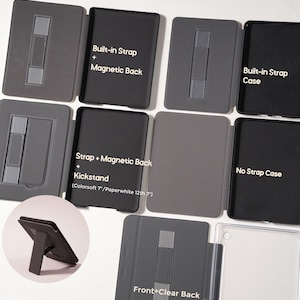 The image shows five case options arranged neatly, highlighting the back straps, magnetic backs, kickstand feature, and clear back design. One inset image shows the kickstand opened for hands-free reading. By presenting each style side by side, I wanted to make it easier to see how each case is designed and how it functions.