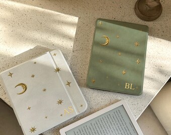 Personalized Detachable Magnetic Kindle Case, Celestial Moon and Stars, Clear Back, Gold Initials, Paperwhite 12th & Colorsoft 7-Inch