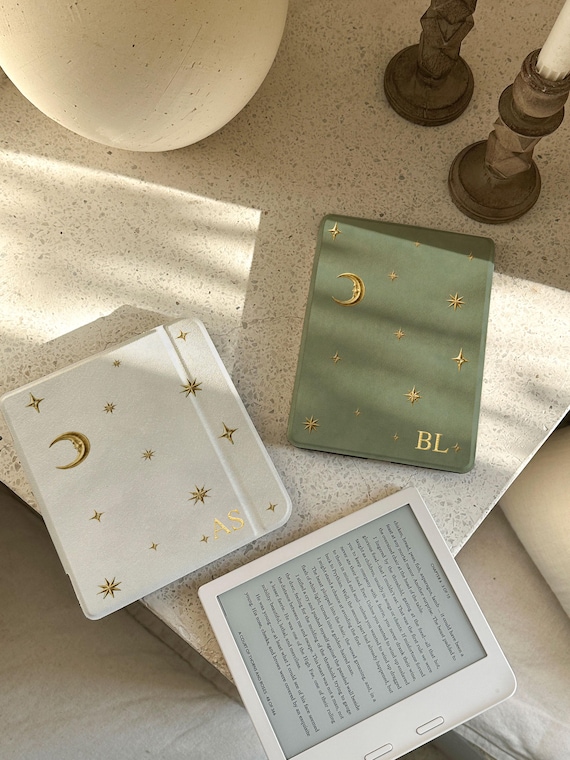Personalized Detachable Magnetic Kindle Case, Celestial Moon and Stars, Clear Back, Gold Initials, Paperwhite 12th & Colorsoft 7-Inch