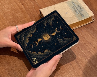 Personalized Celestial Kindle Case, Gold Initials, Vintage Moon Phase Astrology, Fits Paperwhite 12th 7" 2024 & Kobo Libra Colour