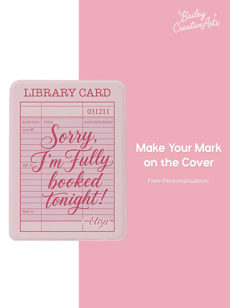 Blush pink library card style Kindle case with personalised name on the cover. Vintage library card layout with bookish typography and retro reader aesthetic. Protective Kindle cover compatible with Kindle Paperwhite 12th 7", Kindle 6 2024 and Kobo Libra clear case option.