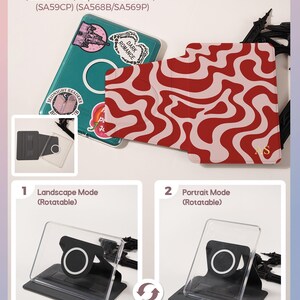 Puede incluir: Funda trasera transparente y desmontable para tabletas Colorsoft 7"/Paperwhite 12th 7". La imagen muestra una funda verde azulado con pegatinas y una funda con estampado rojo y blanco. La imagen tambi&eacute;n muestra un soporte giratorio para los modos horizontal y vertical.