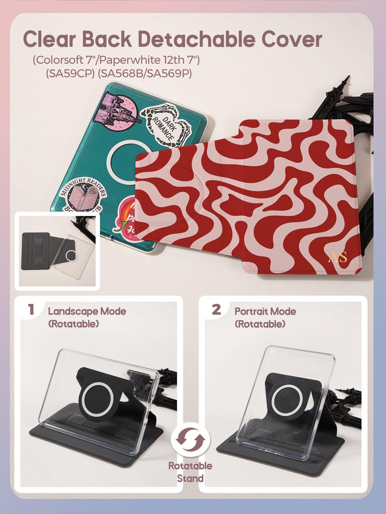 Puede incluir: Funda trasera transparente y desmontable para tabletas Colorsoft 7"/Paperwhite 12th 7". La imagen muestra una funda verde azulado con pegatinas y una funda con estampado rojo y blanco. La imagen tambi&eacute;n muestra un soporte giratorio para los modos horizontal y vertical.