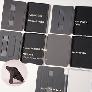 The image shows five case options arranged neatly, highlighting the back straps, magnetic backs, kickstand feature, and clear back design. One inset image shows the kickstand opened for hands-free reading. By presenting each style side by side, I wanted to make it easier to see how each case is designed and how it functions.