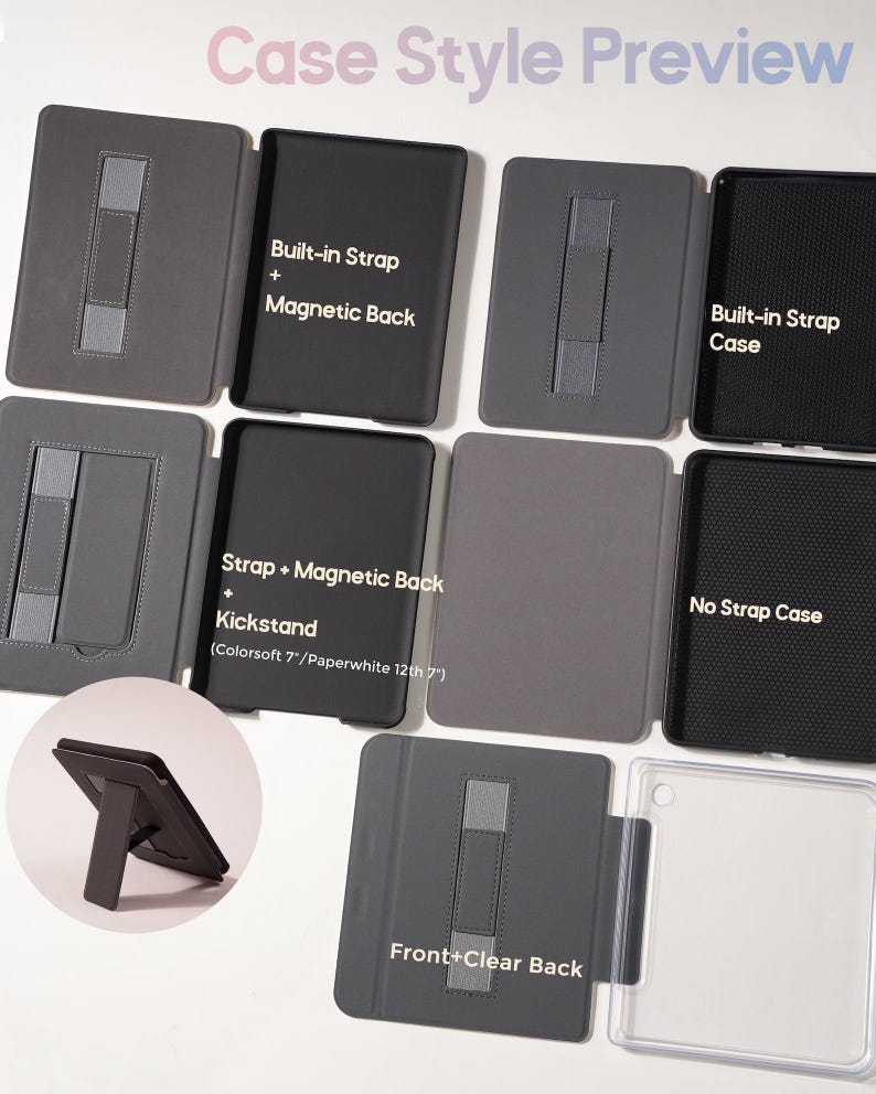 The image shows five case options arranged neatly, highlighting the back straps, magnetic backs, kickstand feature, and clear back design. One inset image shows the kickstand opened for hands-free reading. By presenting each style side by side, I wanted to make it easier to see how each case is designed and how it functions.