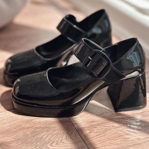 Black Patent Leather Platform Mary Janes | Chunky Block Heel Shoes with Buckle Strap