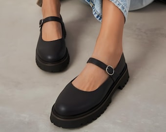Brown Leather Round Toe Mary Janes | Chunky Heel Loafers | Platform Heel Slip On Oxfords