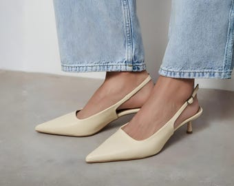 Butter Yellow Leather Slingback Kitten Heels | Buckle Strap Low Heel Pumps | Pointed Toe Shoes