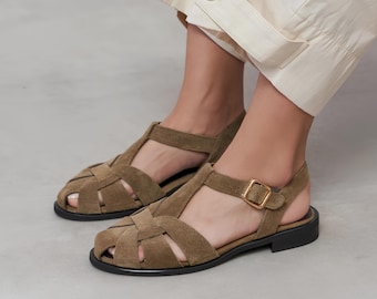 Dark Beige Suede Fisherman Sandals | Flat Gladiator Sandal | Barefoot Sandals | Slingback Summer Shoes