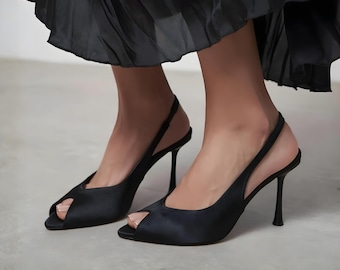 Black Satin Slingback High Heels | Pointed Toe Pumps | Engagement Shoes | Sandals